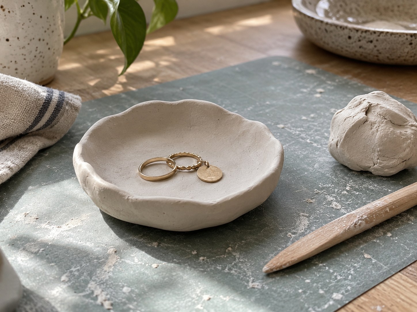 An air-dry clay trinket dish holding rings