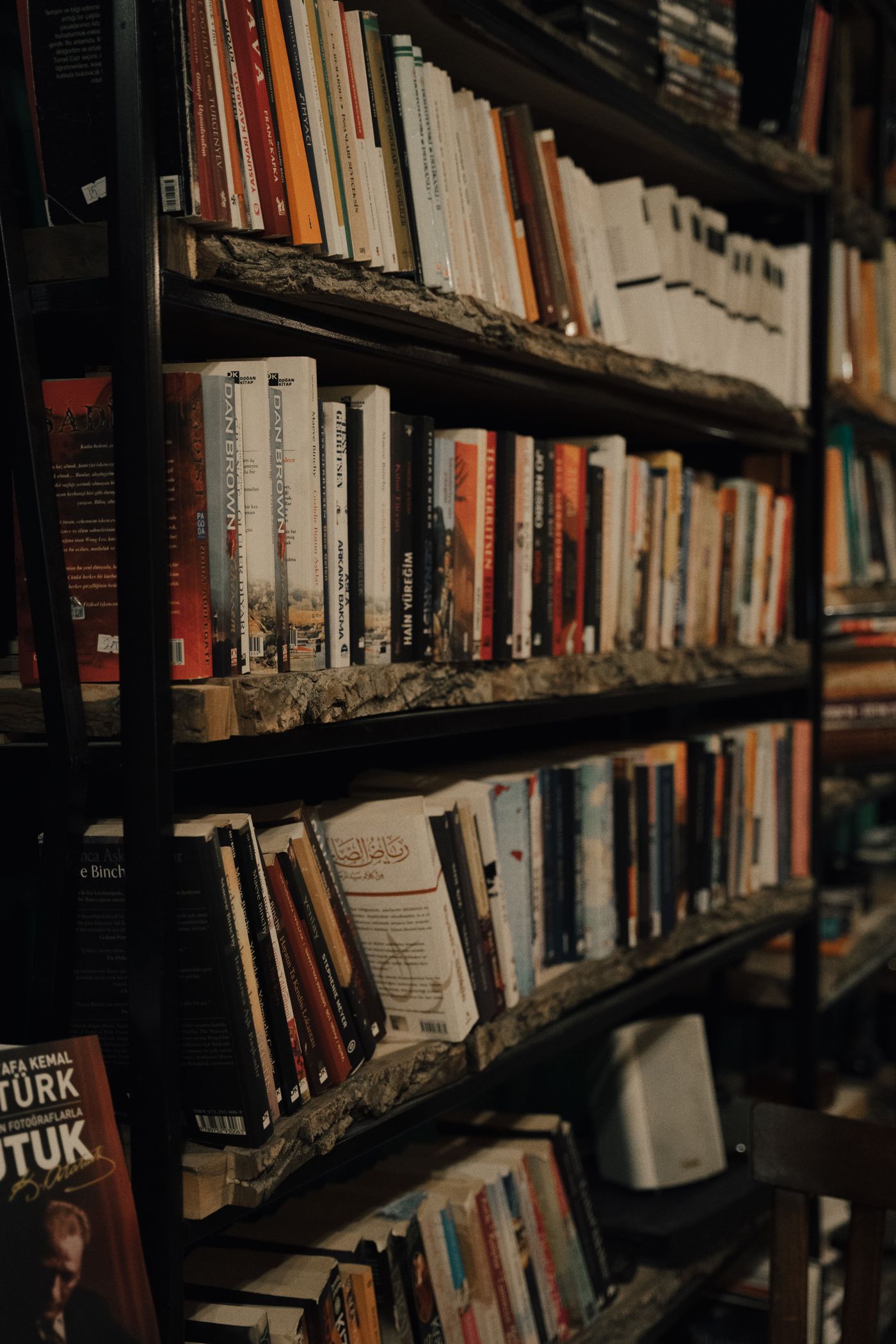 Books arranged on a bookshelf