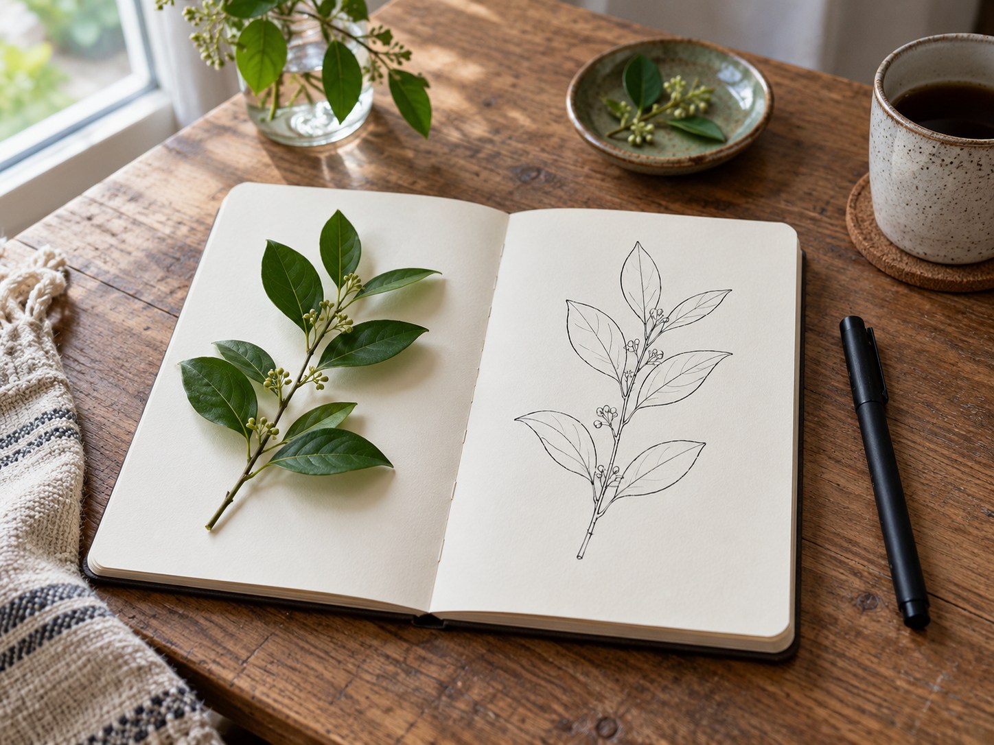 Line drawing of a leafy sprig in a sketchbook