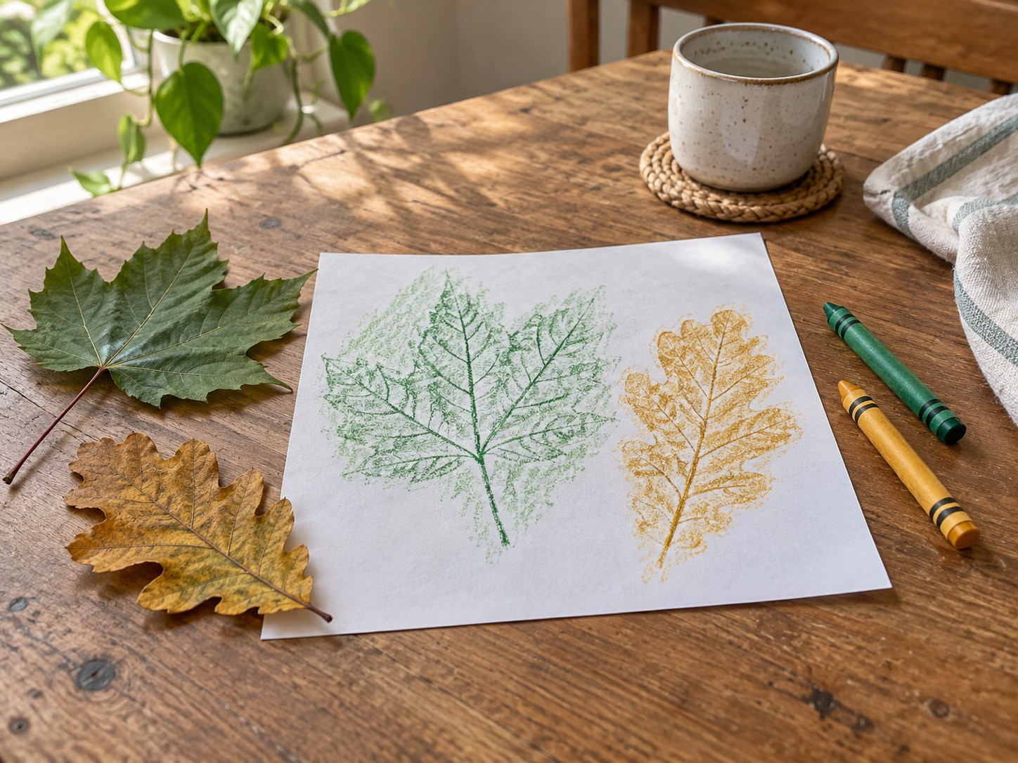 Leaf rubbings made with wax crayons on paper