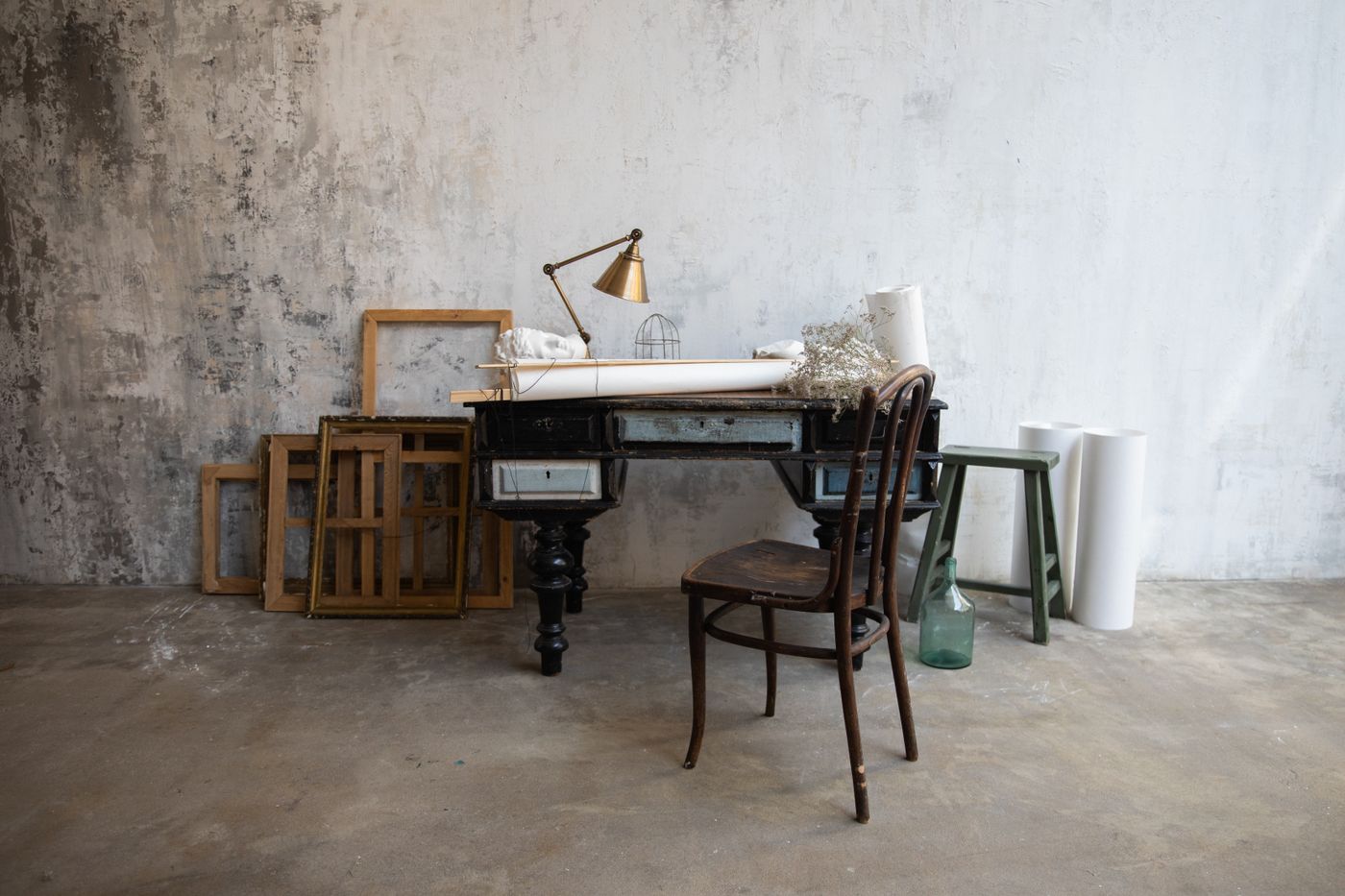 Desk with materials in an art studio