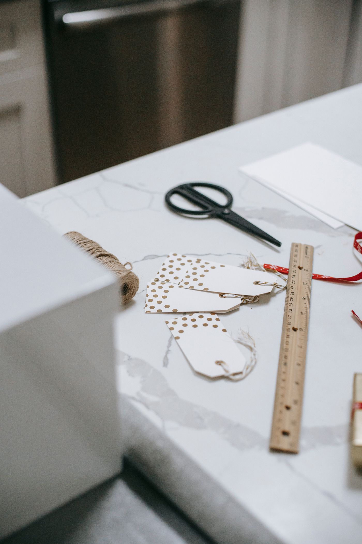 Scissors and gift tags for wrapping presents