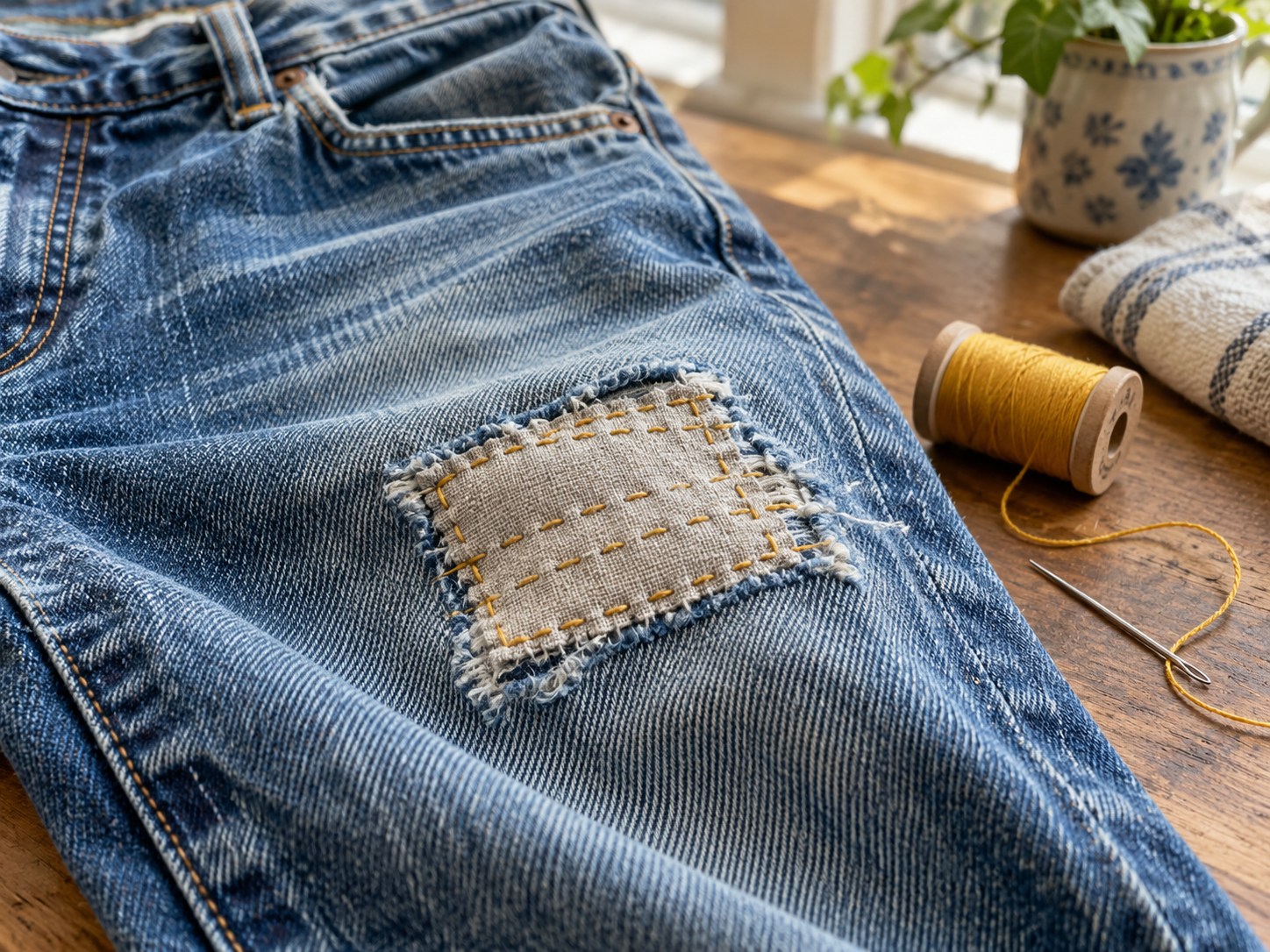 A cloth patch sewn with yellow thread onto jeans